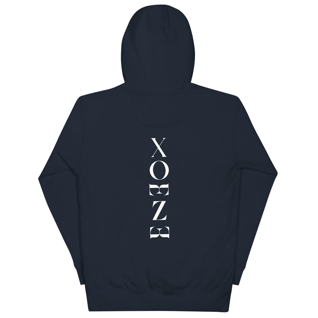 Black hoodie with 'XOEZE' text on the back against a white background
